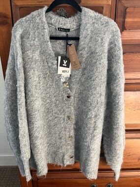 Very J Gray Fuzzy Button-Front V-Neck Cardigan NWT